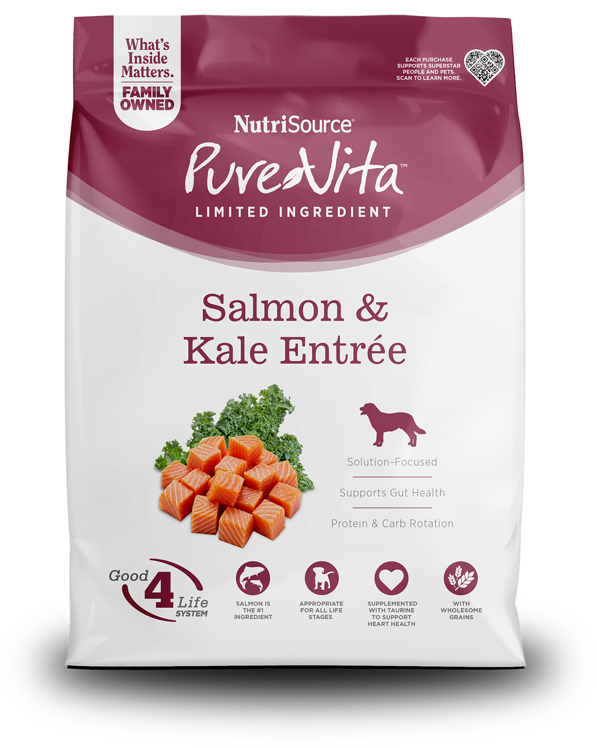 NutriSource PureVita Limited Ingredient Salmon & Kale Entrée dog food package on a white background