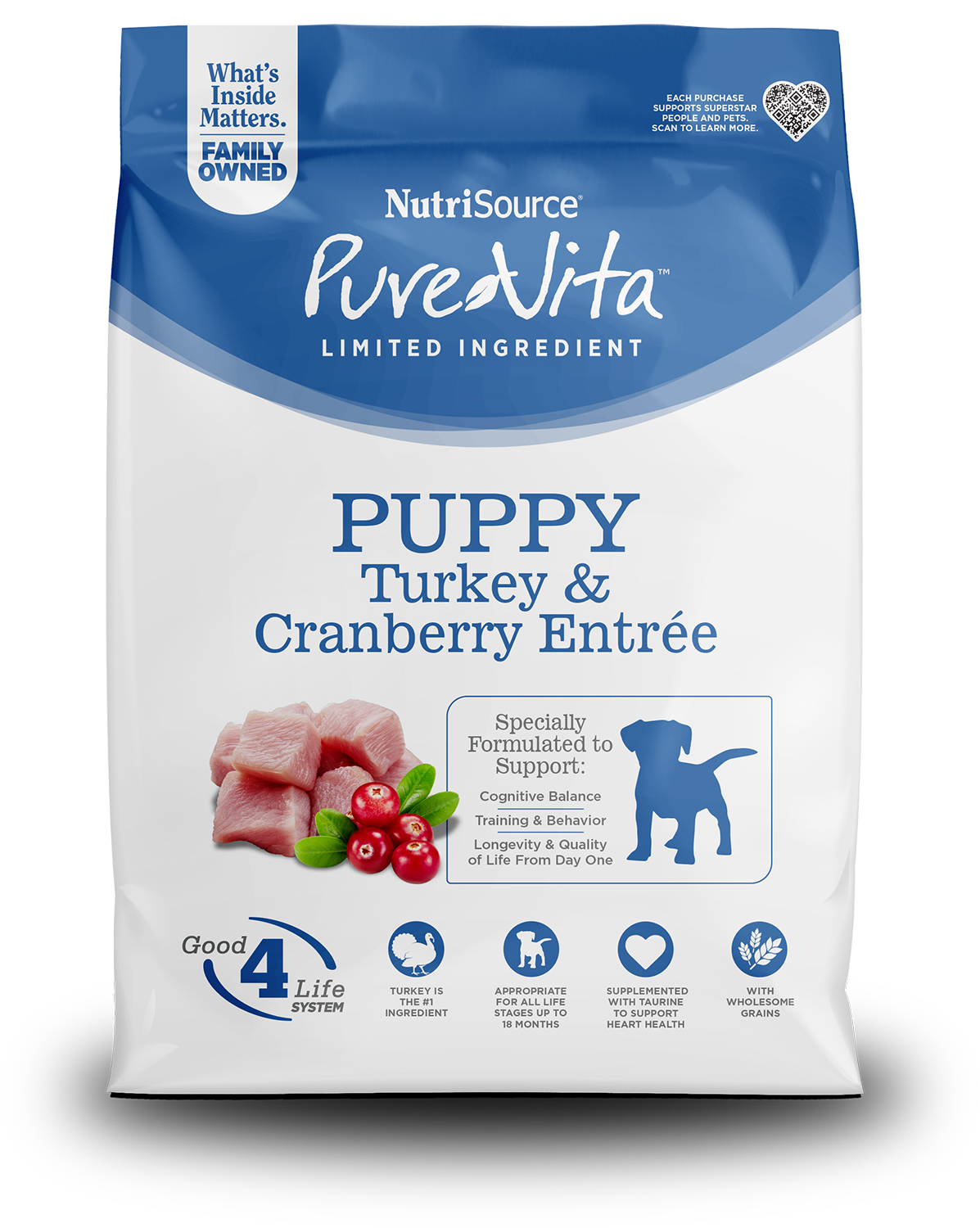 NutriSource PureVita Puppy Turkey & Cranberry Entrée dog food package on a white background