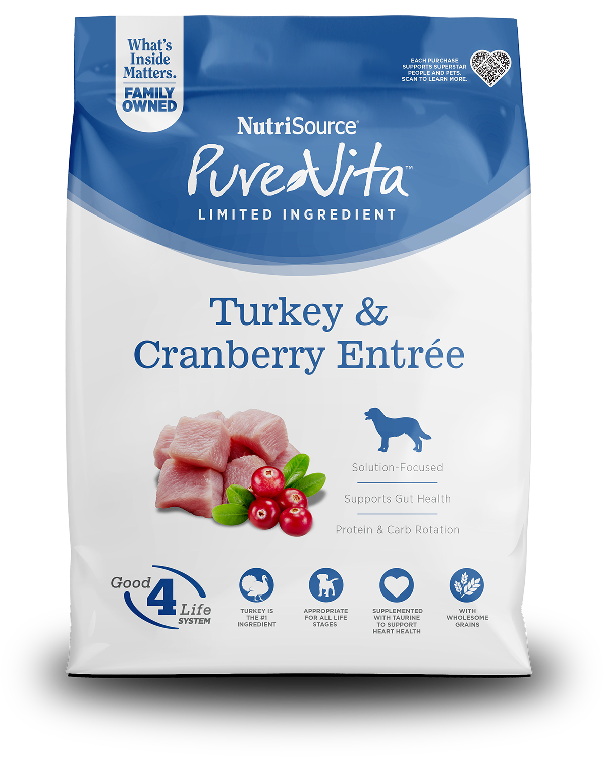 NutriSource PureVita dog food package with turkey and cranberry entrée on a white background