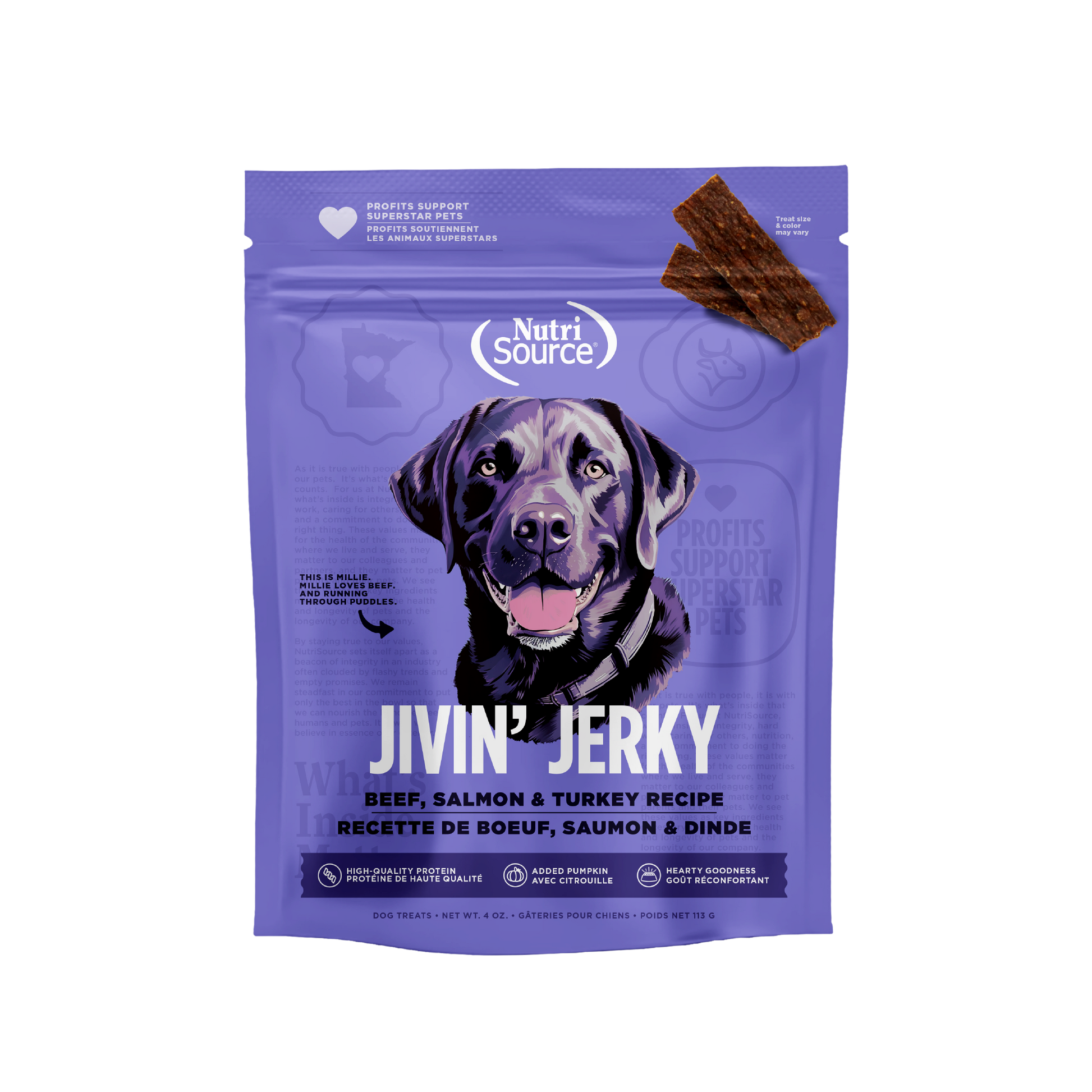 NutriSource Beef, Salmon & Turkey Jivin' Jerky - bag front
