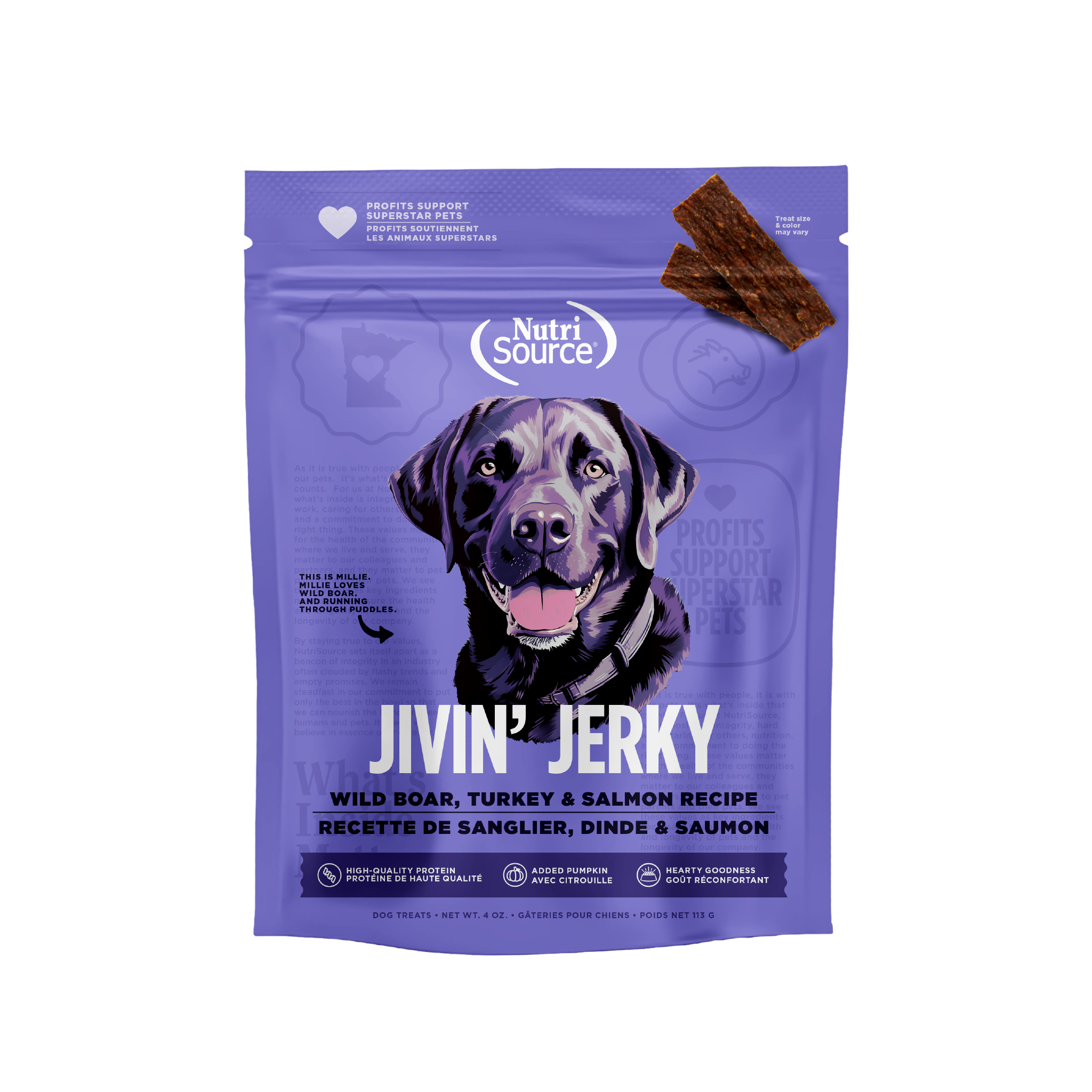 NutriSource Wild Boar, Turkey & Salmon Jivin' Jerky - bag front
