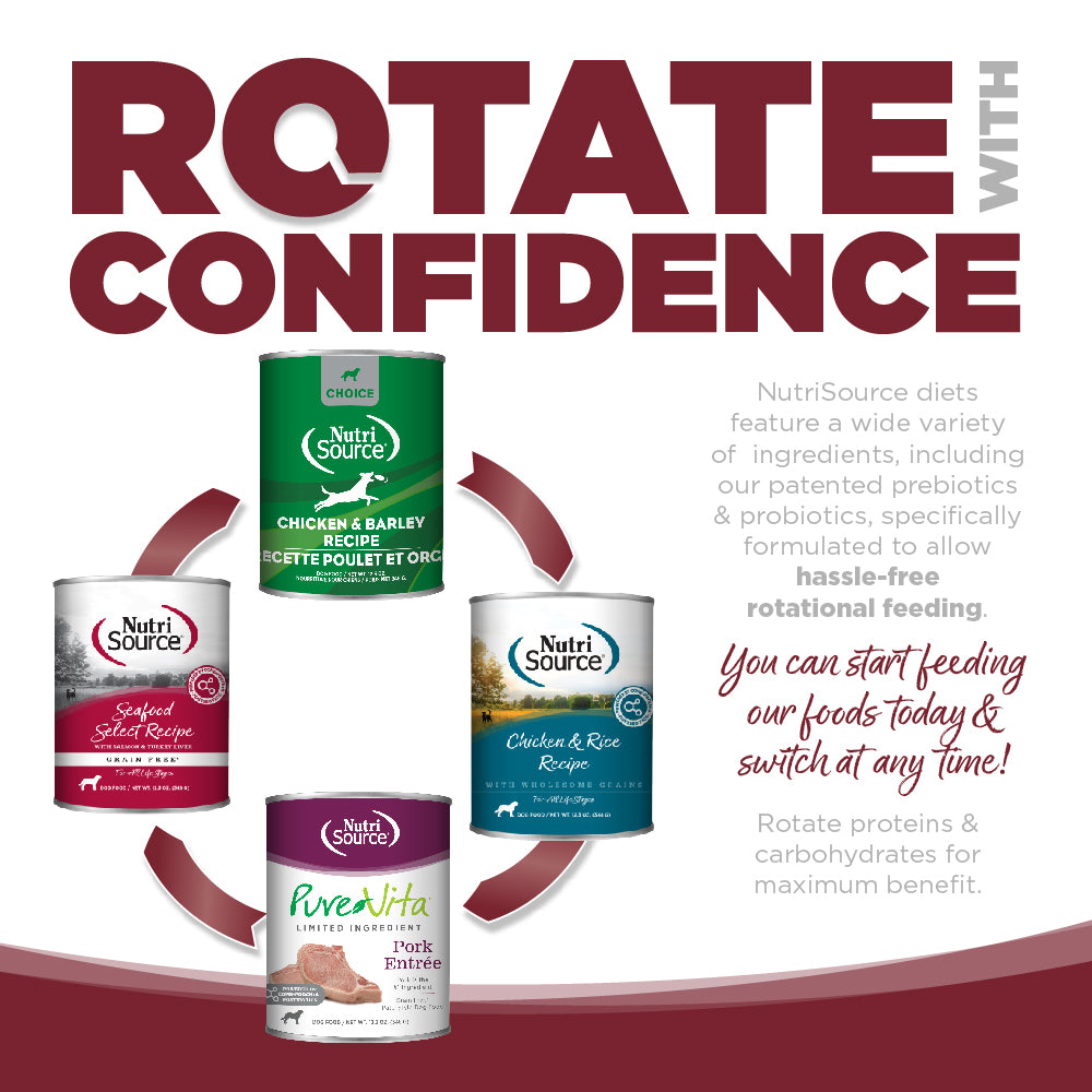 Rotate with Confidence: NutriSource diets feature a wide variety of ingredients specifically formulated to allow hassle-free rotational feeding.
