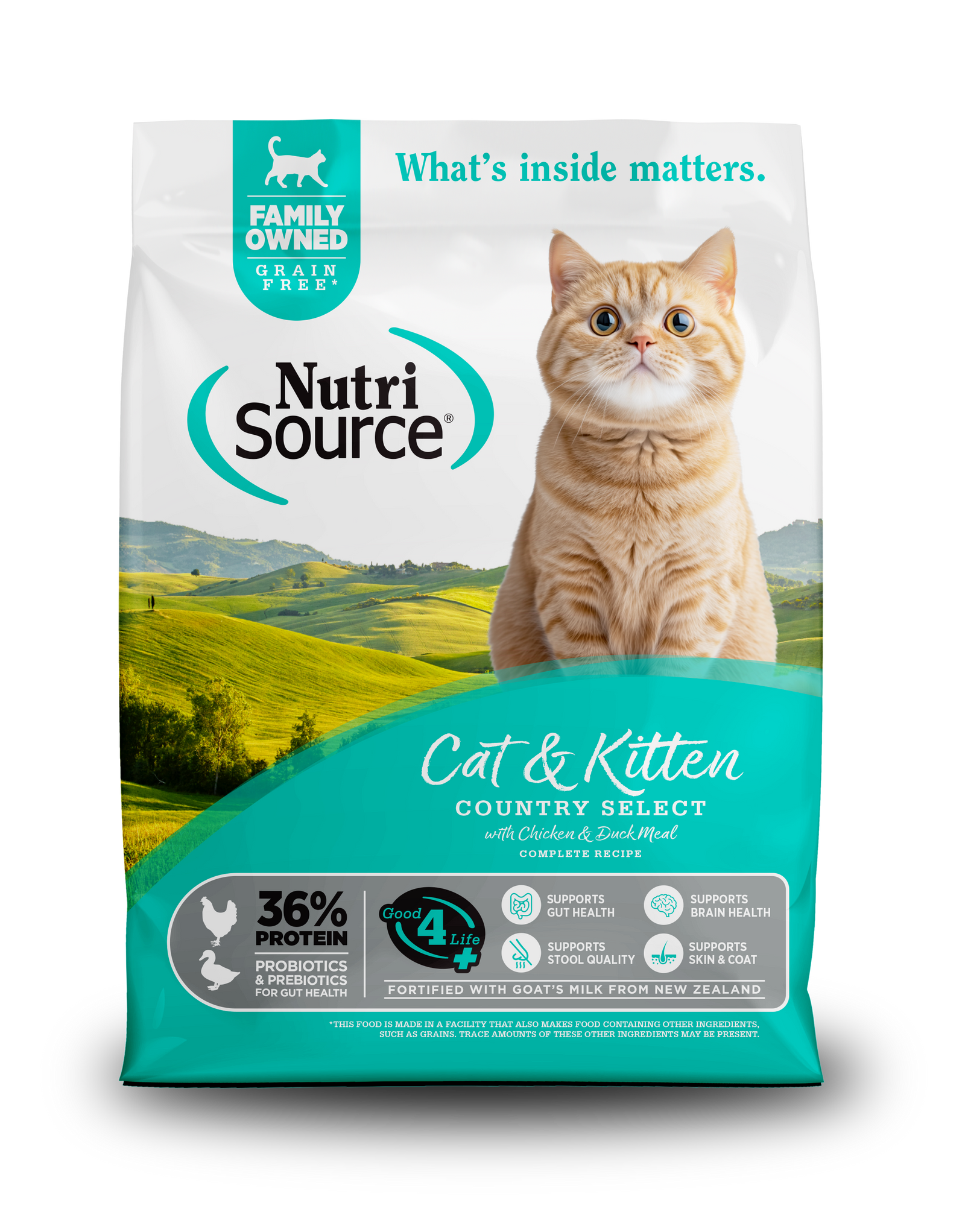 NutriSource Cat & Kitten Country Select bag front with a cat on a white background.