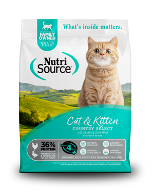 NutriSource Cat & Kitten Country Select bag front with a cat on a white background.