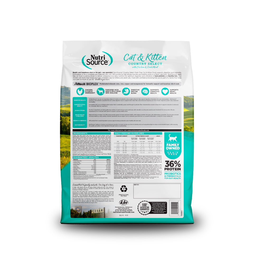 NutriSource Cat & Kitten bag back with nutritional information on a white background