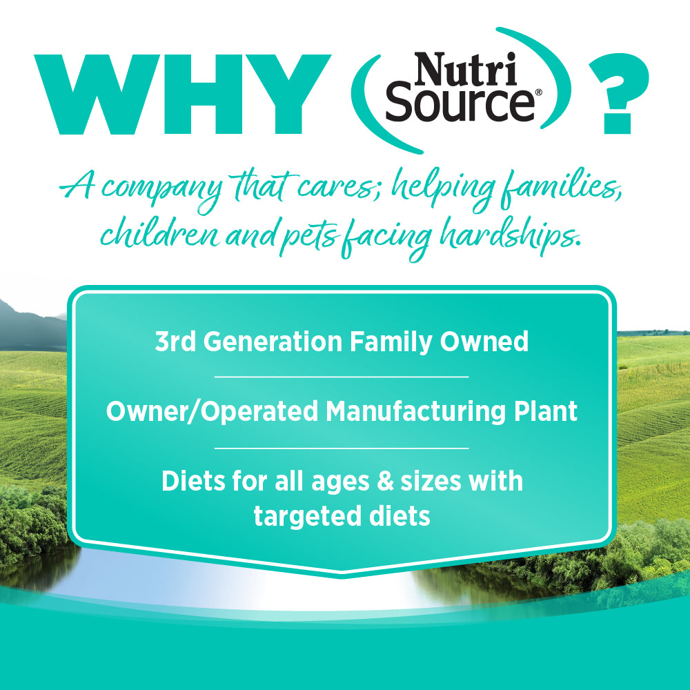 NutriSource advertisement with text about the company's values and services, set against a scenic background.