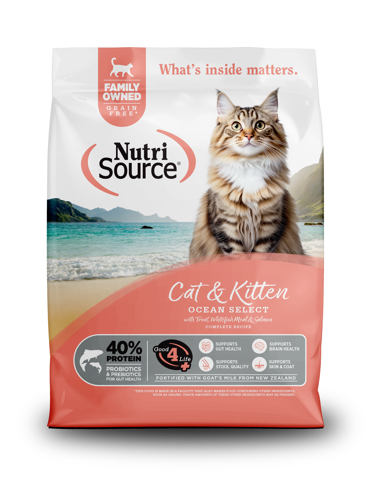 NutriSource Cat & Kitten Ocean Select cat food package with a cat on a beach