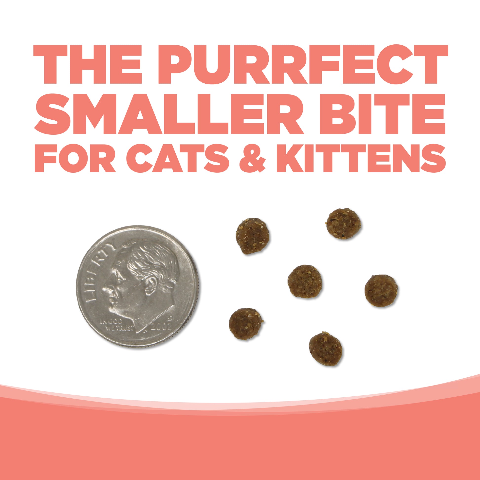 Cat kibble pieces next to a dime on a white background with text 'The Purrfect Smaller Bite for Cats & Kittens'.