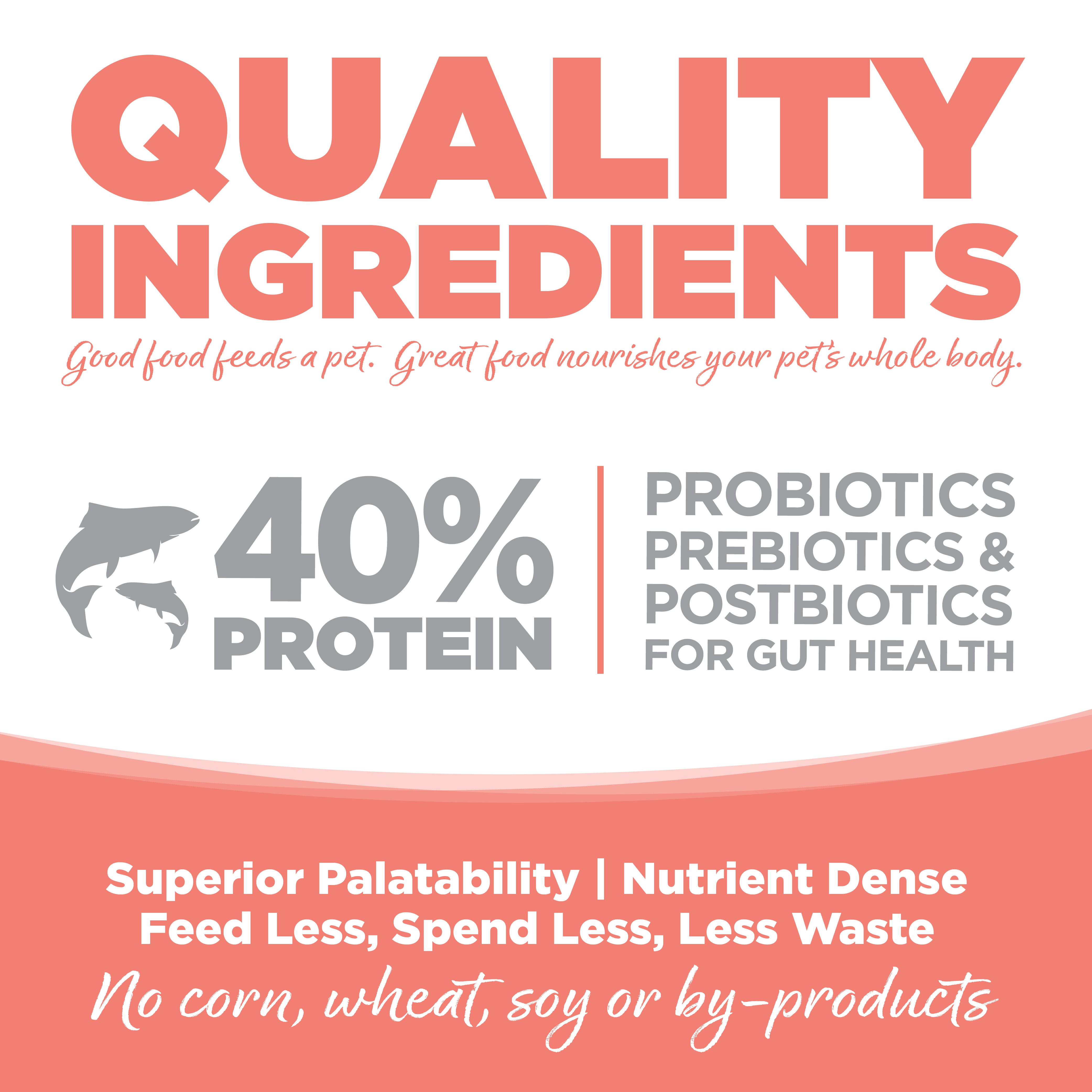 Product label highlighting quality ingredients with protein content and health benefits on a white background.