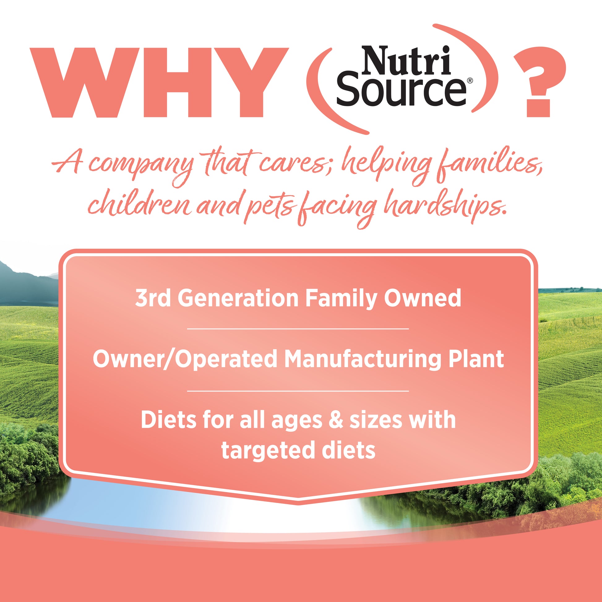 Advertisement for NutriSource with text about the company's values and services, set against a scenic background.