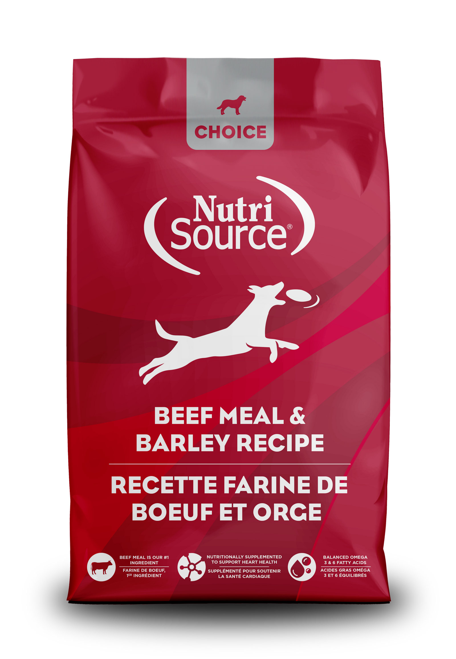 A bag of NutriSource Choice Beef Meal & Barley Dog Food with a red background, featuring a white silhouette of a dog and the product name prominently displayed.