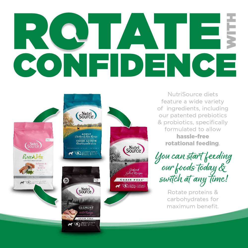 Rotate with Confidence: NutriSource diets feature a wide variety of ingredients specifically formulated to allow hassle-free rotational feeding.