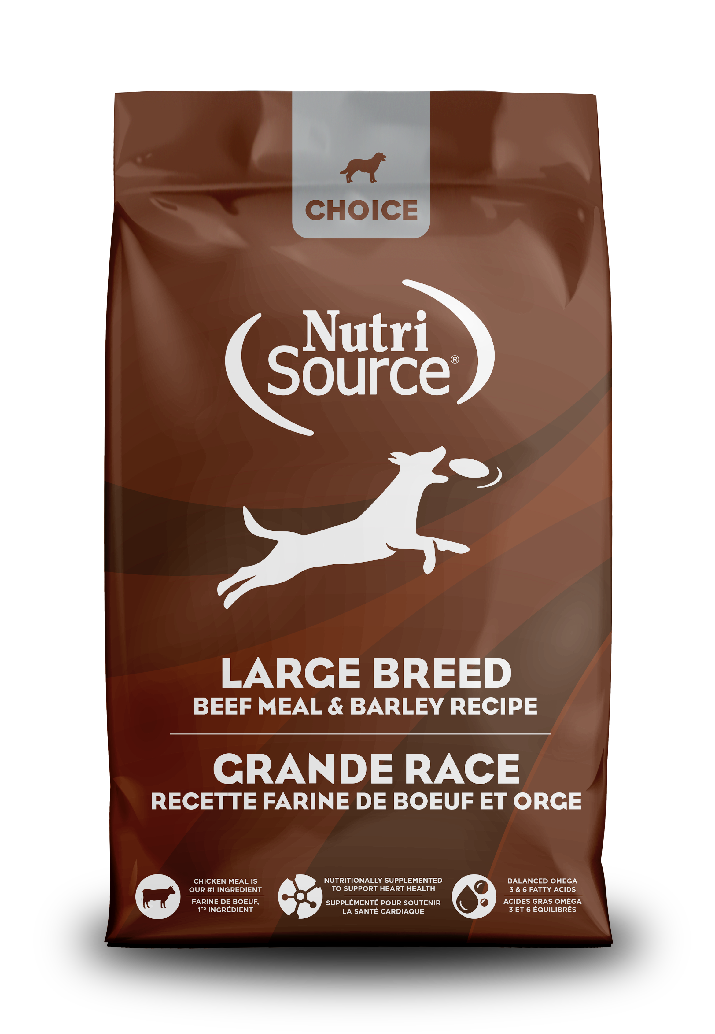 A bag of NutriSource Choice Large Breed Beef Meal & Barley Recipe Dog Food with a white dog silhouette on the front.