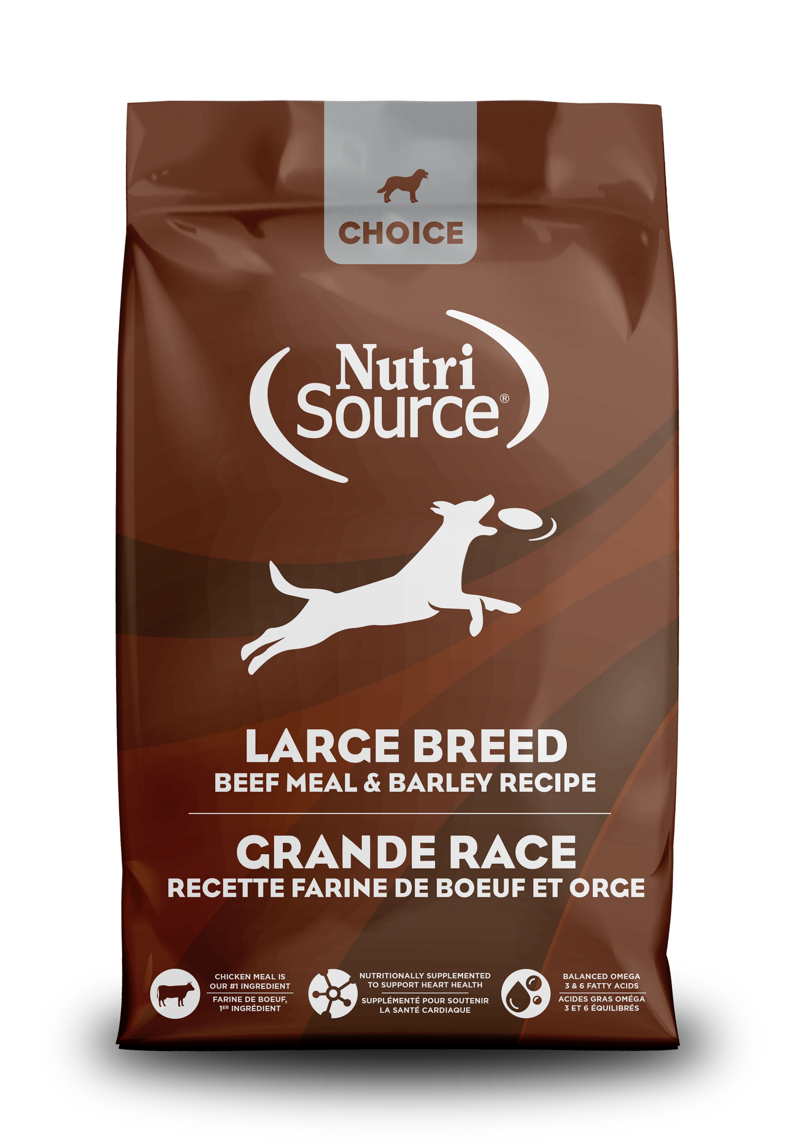 A bag of NutriSource Choice Large Breed Beef Meal & Barley Recipe Dog Food with a white dog silhouette on the front.