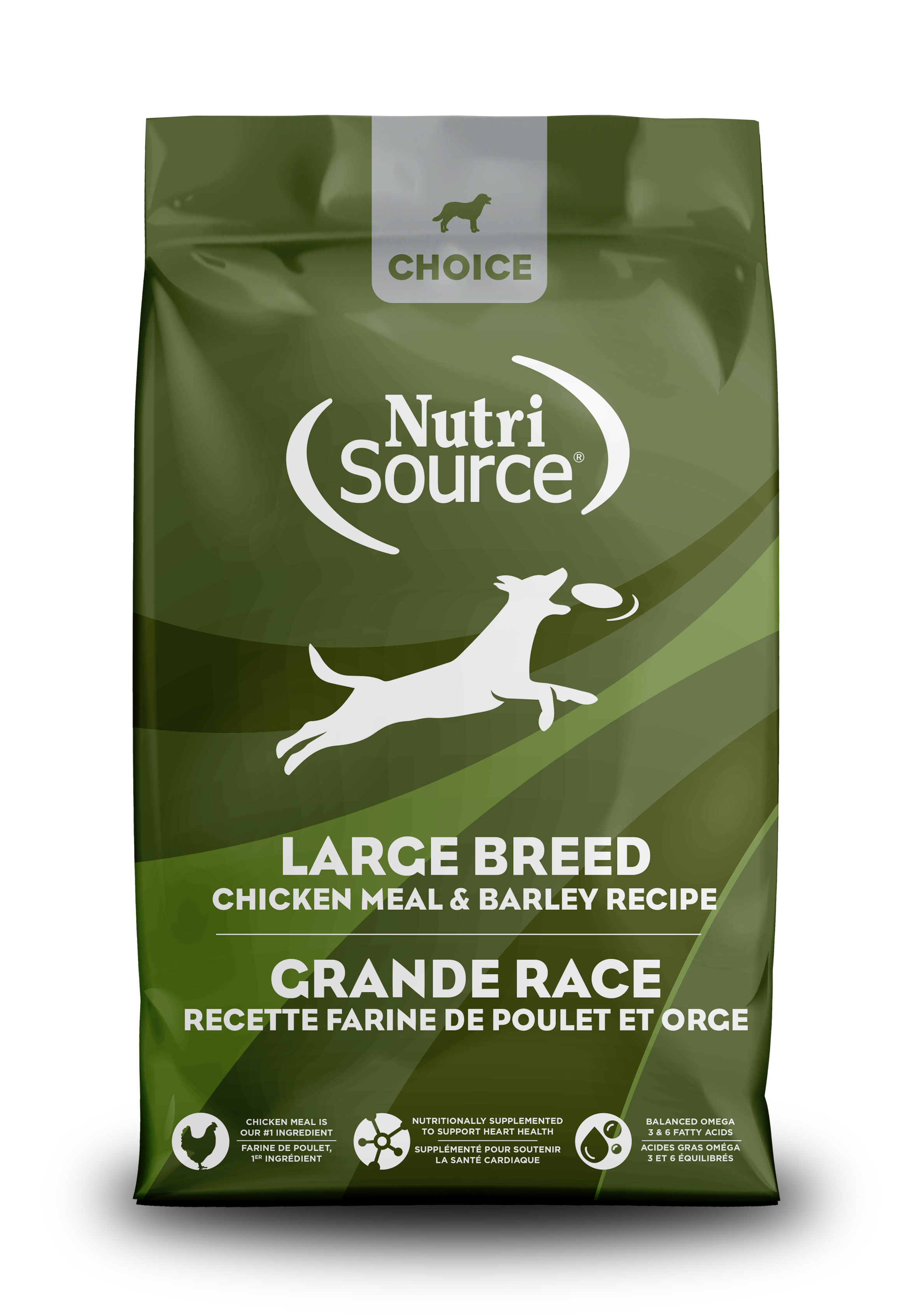 A bag of NutriSource Choice Large Breed Chicken Meal & Barley Recipe Dog Food with a graphic of a dog running to the right on a green background.