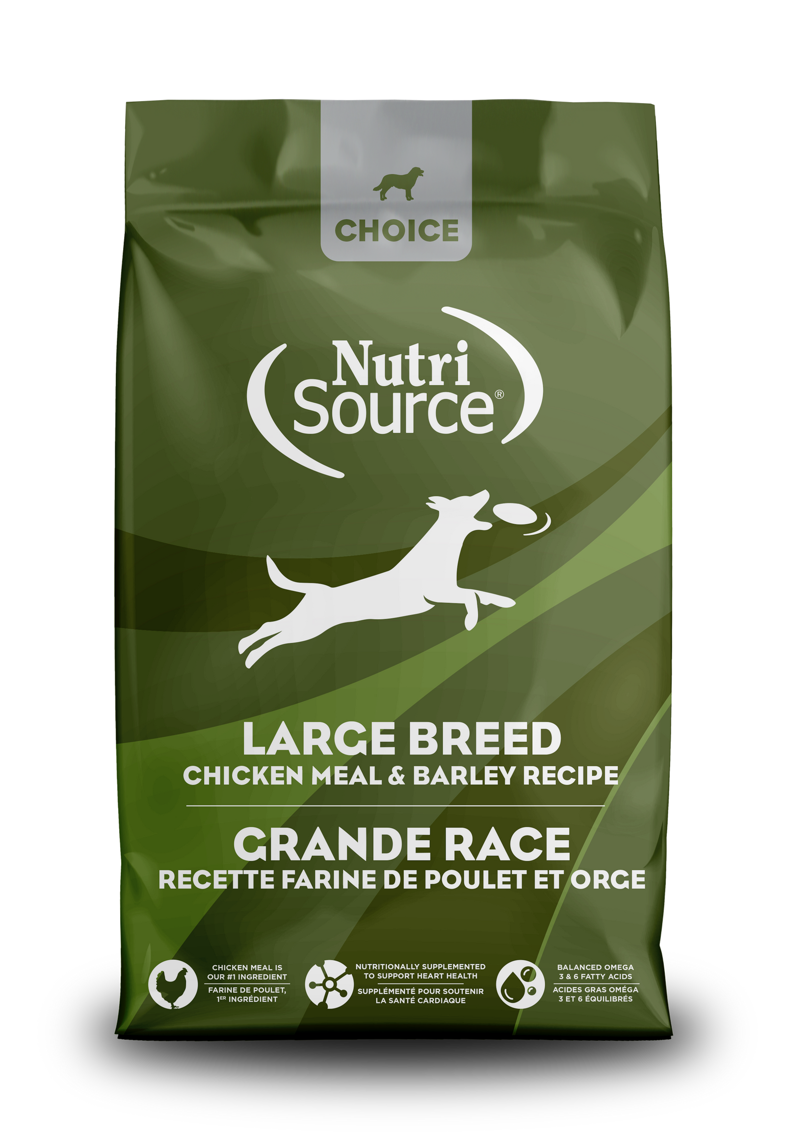 A bag of NutriSource Choice Large Breed Chicken Meal & Barley Recipe Dog Food with a graphic of a dog running to the right on a green background.