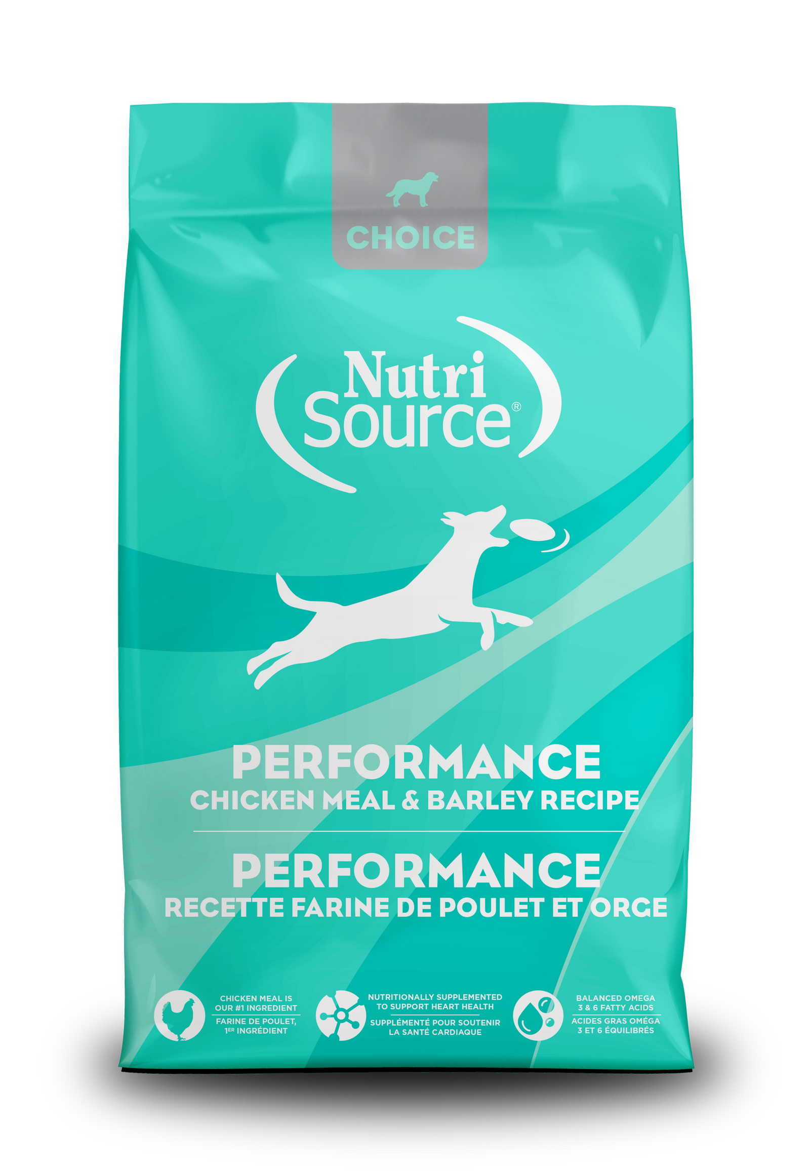 A bag of NutriSource Choice Performance Chicken Meal & Barley Recipe Dog Food with a picture of a dog and the brand logo on the front.
