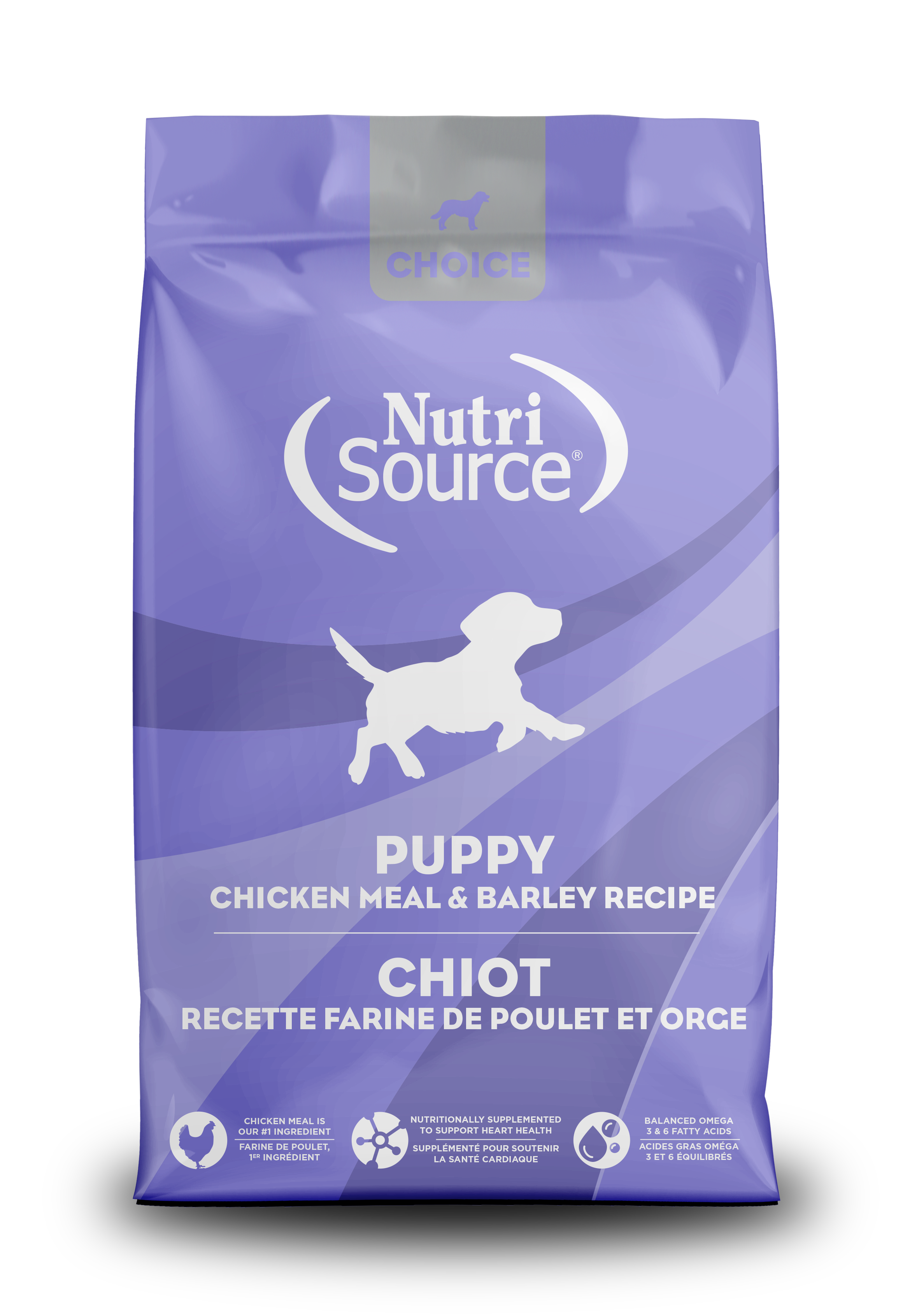 A bag of NutriSource Choice Chicken Puppy Food with a silhouette of a dog on the front.