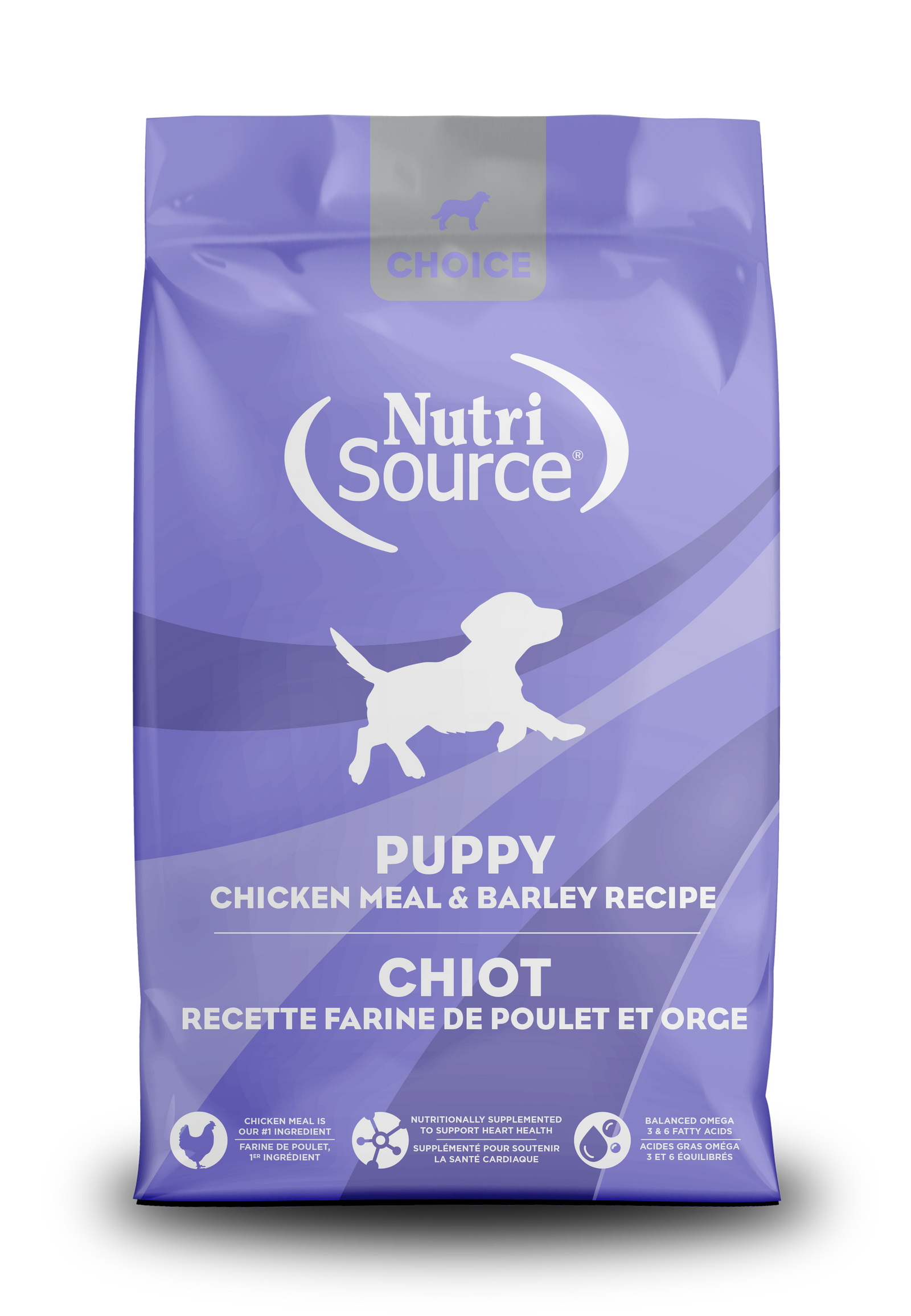 A bag of NutriSource Choice Chicken Puppy Food with a silhouette of a dog on the front.