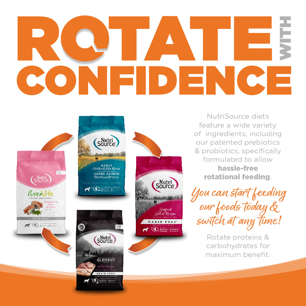 Rotate with Confidence: NutriSource diets feature a wide variety of ingredients specifically formulated to allow hassle-free rotational feeding.