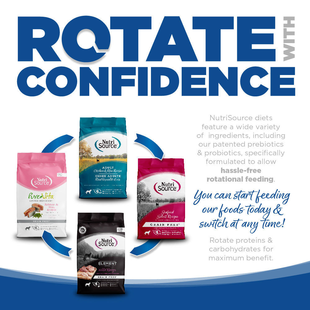 Rotate with Confidence: NutriSource diets feature a wide variety of ingredients specifically formulated to allow hassle-free rotational feeding.