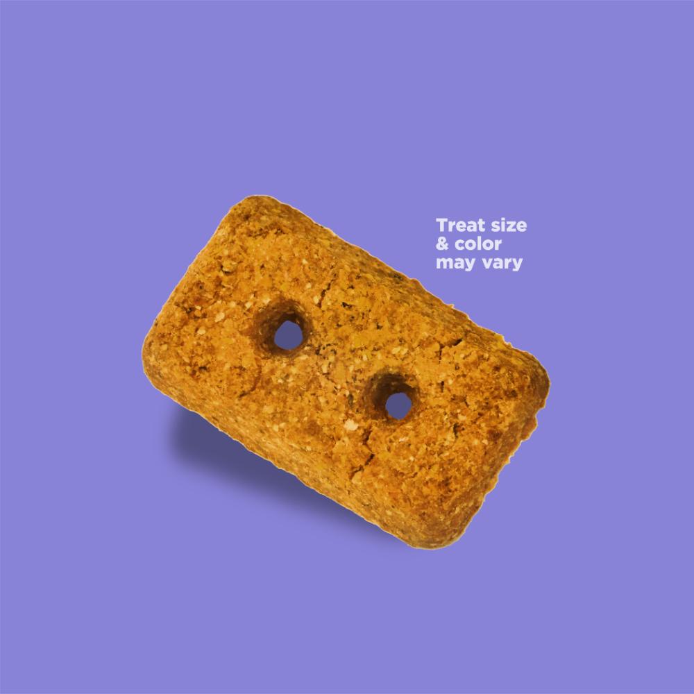 Photo of a Crunchy Cruncher treat with text that reads "Treat size & color may vary"