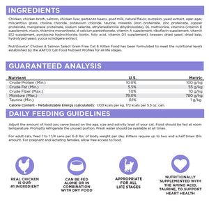 Cat food label with ingredients, guaranteed analysis, and feeding guidelines.