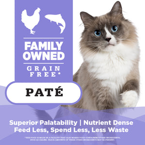 Cat on a purple background with text about family-owned grain free pate cat food.