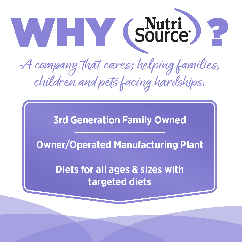 NutriSource advertisement highlighting their family-owned status and product offerings on a purple background.
