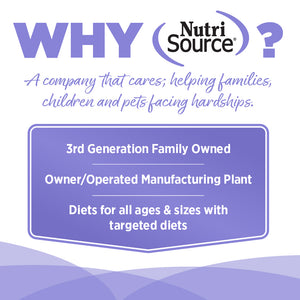 NutriSource advertisement highlighting their family-owned status and product offerings on a purple background.