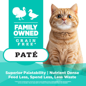 Cat food package with a cat on a teal background, featuring text about family-owned, grain free páté.