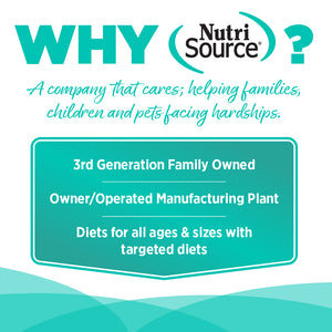 NutriSource advertisement highlighting their family-owned status and product offerings on a teal and white background.