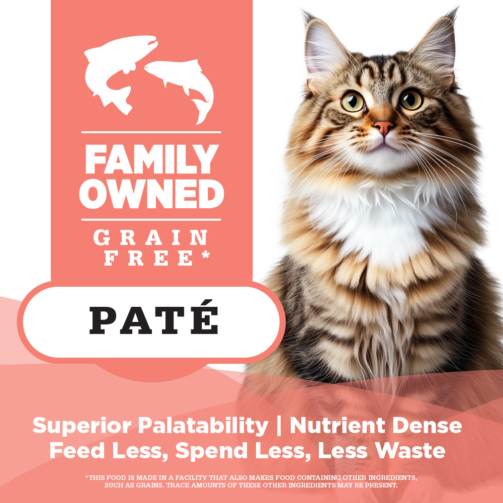 Cat food package with a cat on a pink background, featuring text about family-owned, grain free pâté.