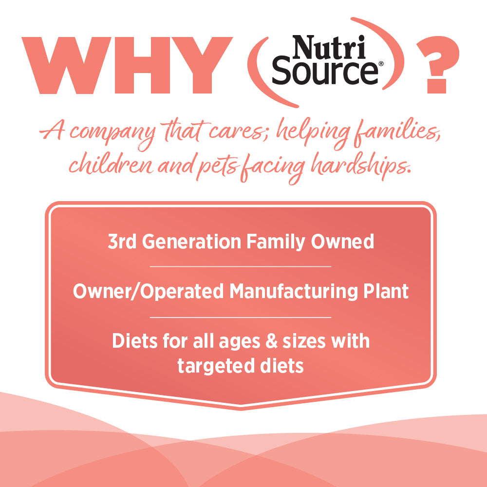 NutriSource advertisement highlighting their family-owned status and product offerings on a pink background.