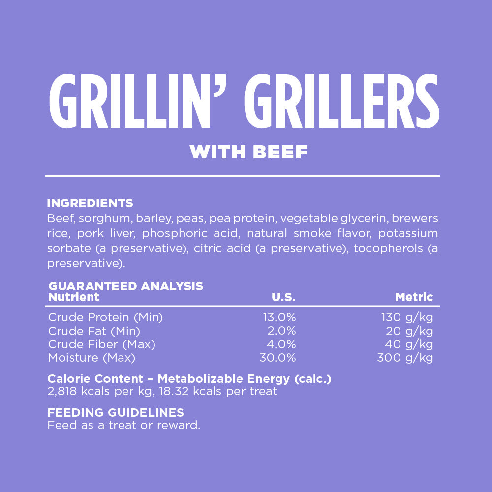 Grillin' Grillers with Beef product label on a purple background