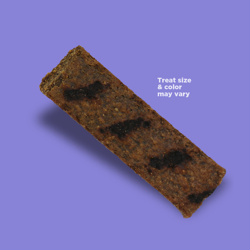 Brown pet treat on a purple background with text indicating size and color variation.