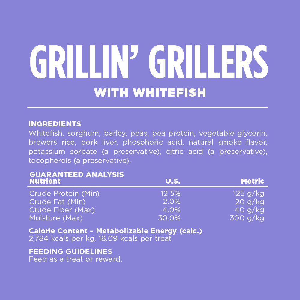 Grillin' Grillers with Whitefish - Ingredients, Guaranteed Analysis, Calorie Content, Feeding Guidelines