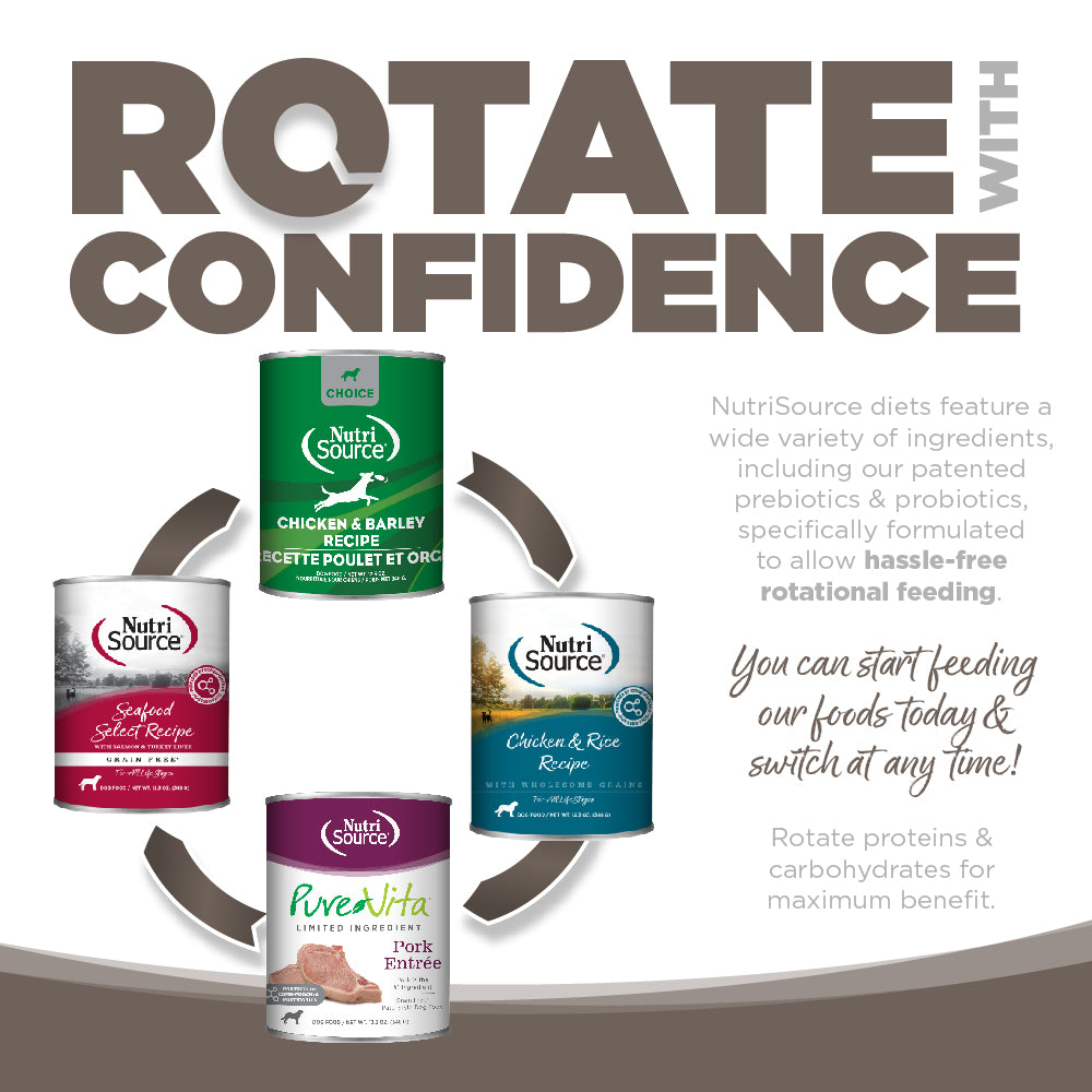 Rotate with Confidence: NutriSource diets feature a wide variety of ingredients specifically formulated to allow hassle-free rotational feeding.
