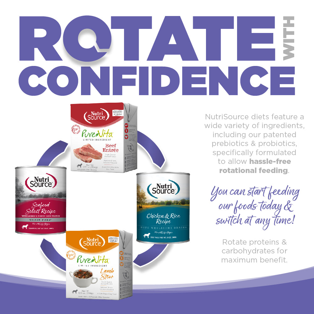 Rotate with Confidence: NutriSource diets feature a wide variety of ingredients specifically formulated to allow hassle-free rotational feeding.