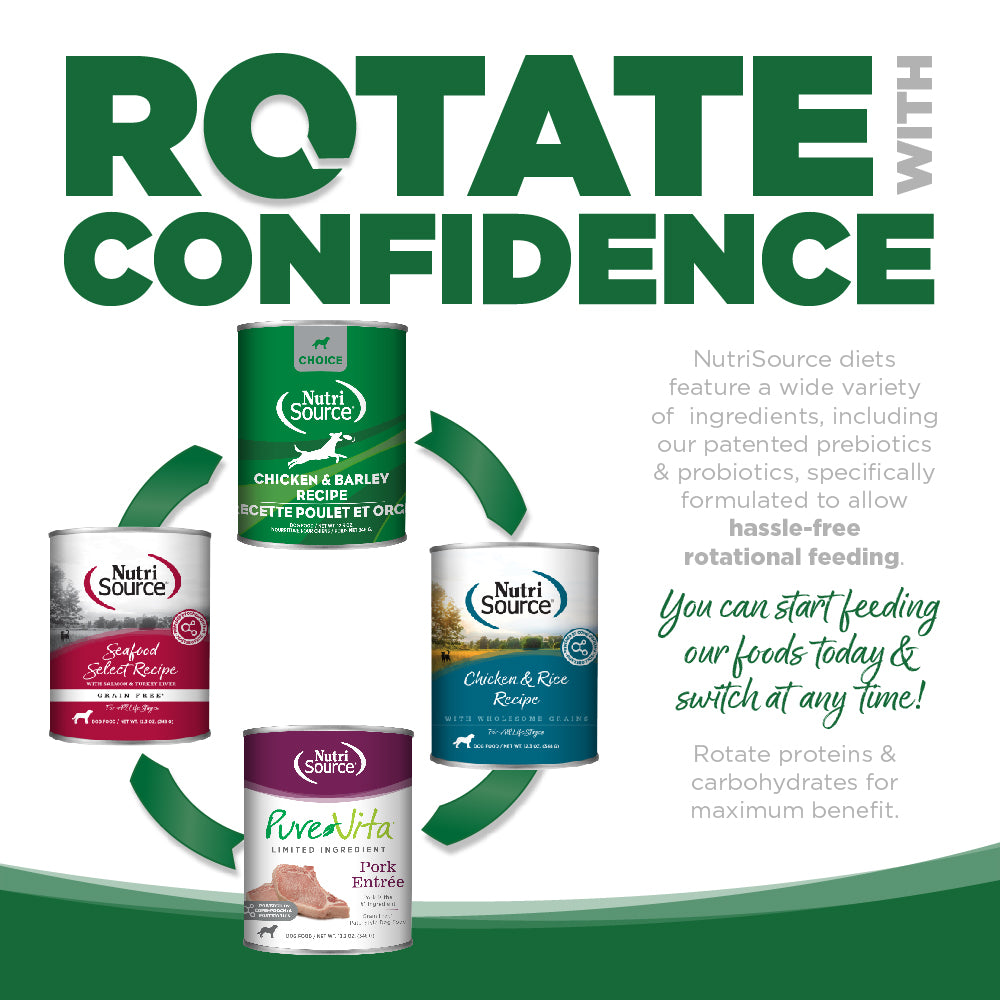 Rotate with Confidence: NutriSource diets feature a wide variety of ingredients specifically formulated to allow hassle-free rotational feeding.