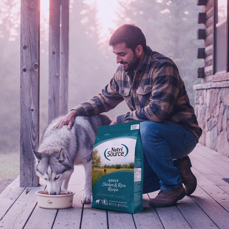 Man with a dog on a wooden deck with a NutriSource® bag