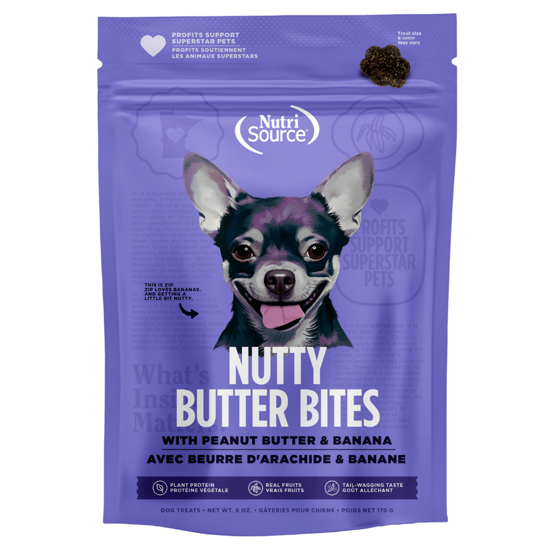 A package of NutriSource Peanut Butter & Banana Nutty Butter Bites with a picture of a dog on the front.