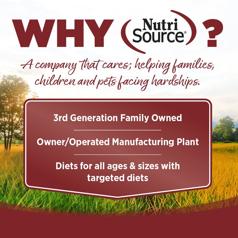 Advertisement for NutriSource with text about the company's values and services, set against a scenic background.