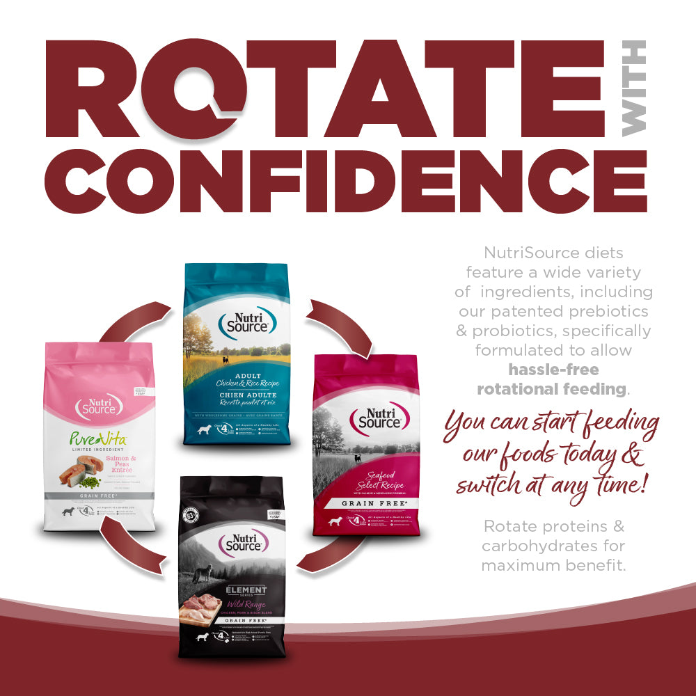 Advertisement for NutriSource dog food packages with text about rotating diets.