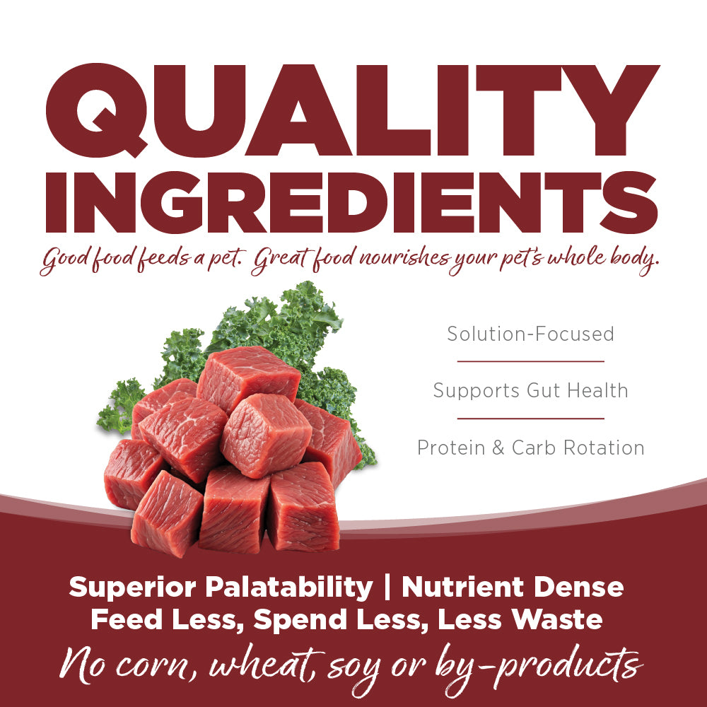 Advertisement for pet food with raw meat and greens, emphasizing quality ingredients.