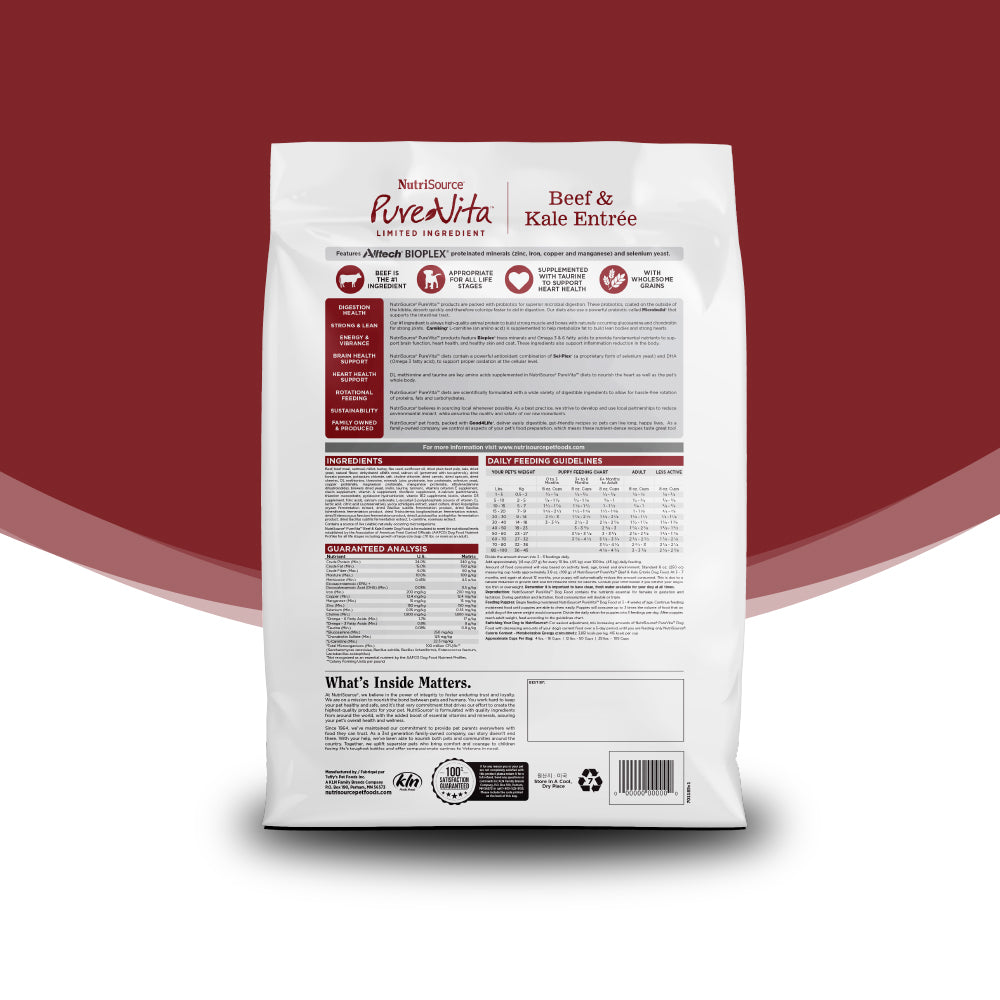 Dog food package with PureVita branding on a red background