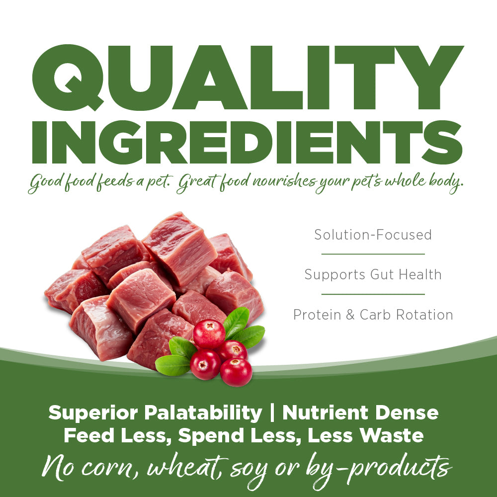 Advertisement for pet food with raw meat and berries on a white background