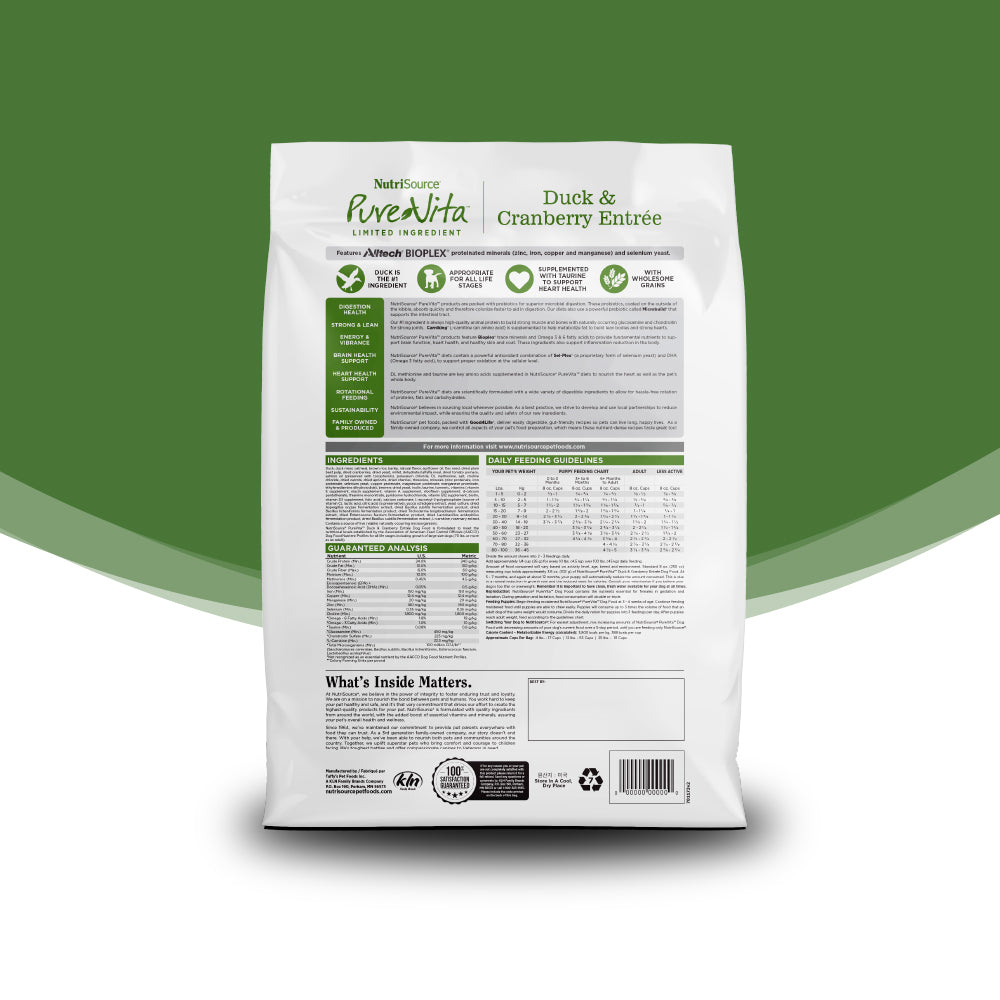 PrueVita Duck & Cranberry Entree package with nutritional information on a green background