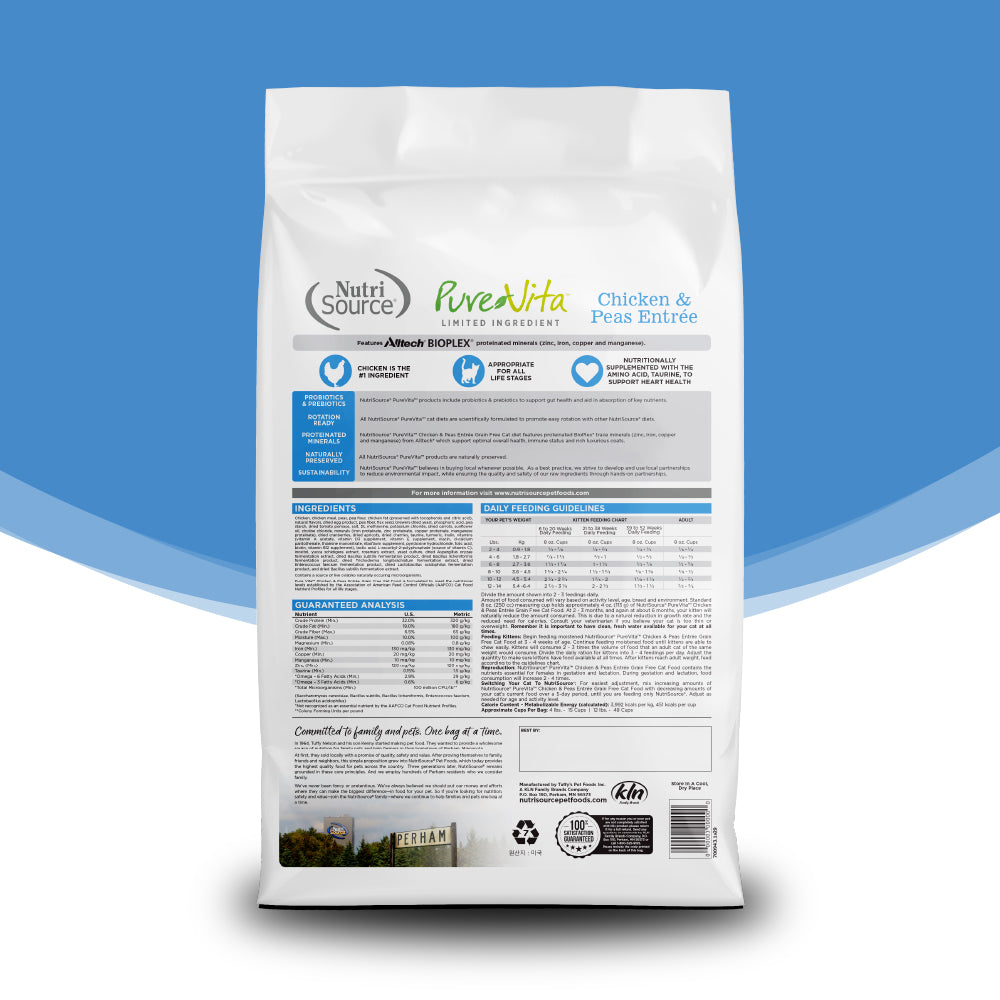 PureVita Grain Free Chicken & Peas Entrée Cat Food back of bag