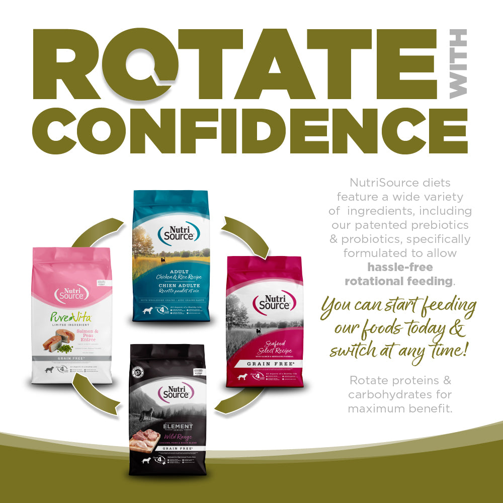 Advertisement for NutriSource pet food packages with text about rotating diets.